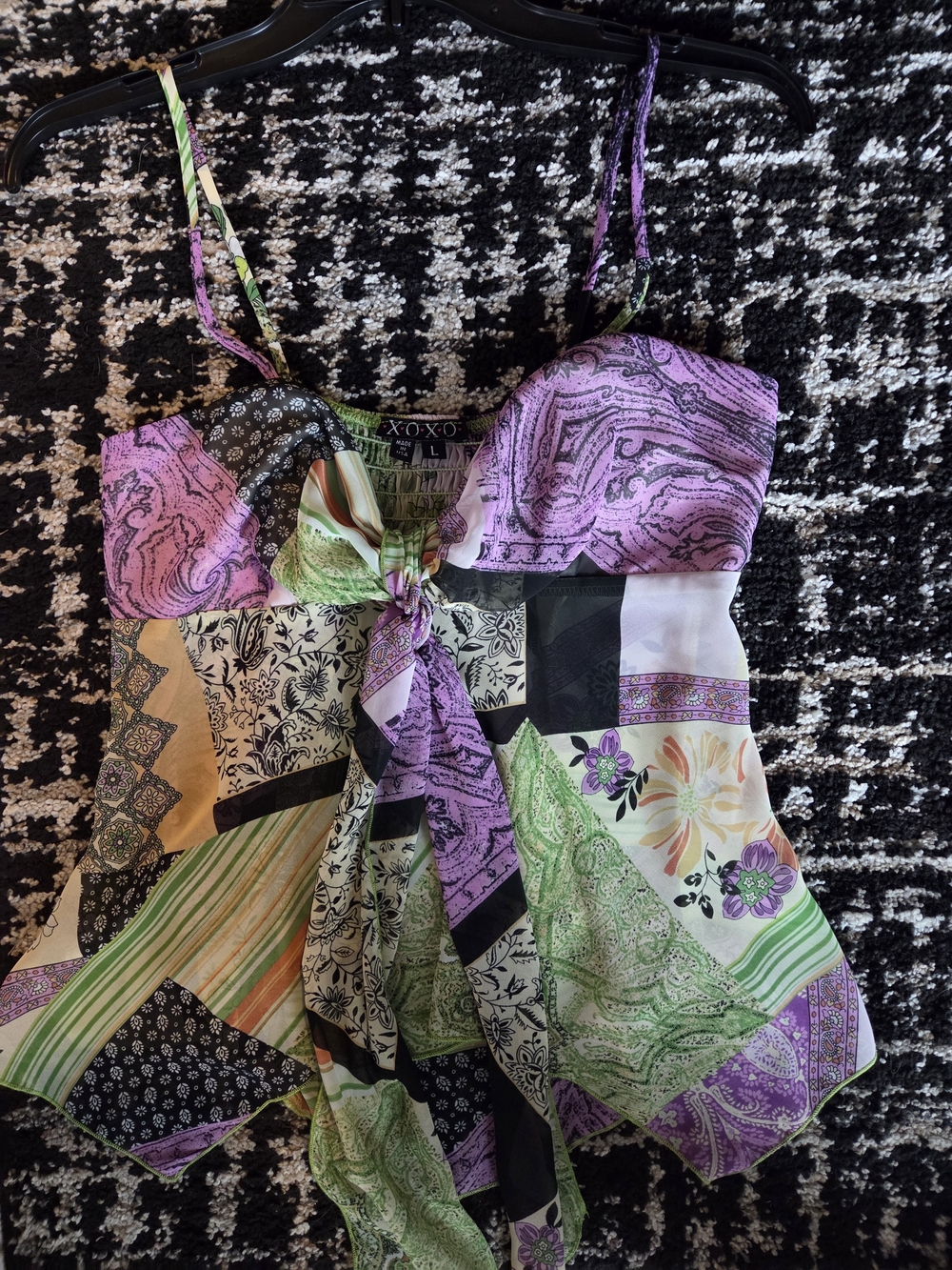 XOXO Multicolor Patchwork Tie-Front Cami - Purple & Green
